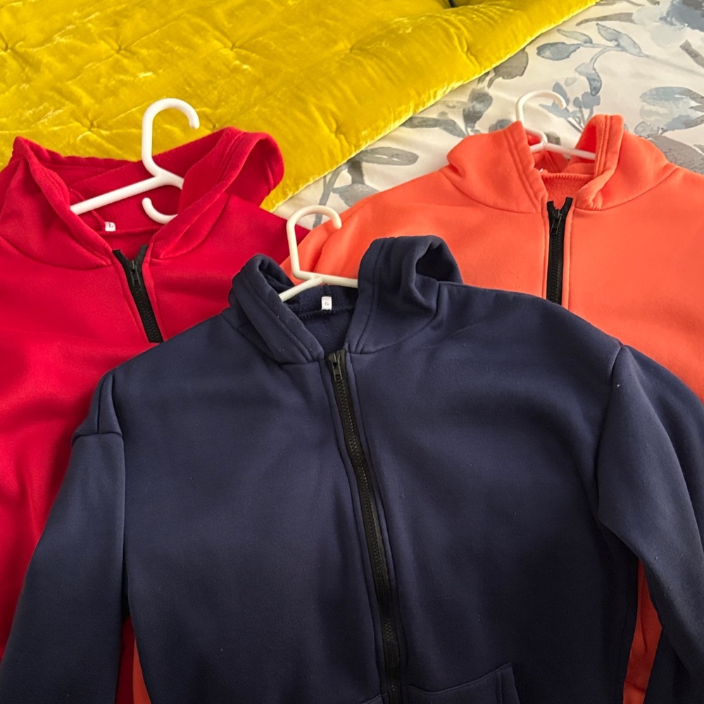 Womens Cozy Fleece Jackets - all three hoodies Red, Orange, and Blue